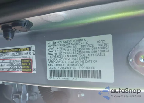 2025 Honda Ridgeline Rtl from USA, damaged, VIN 5FPYK3F54SB041907